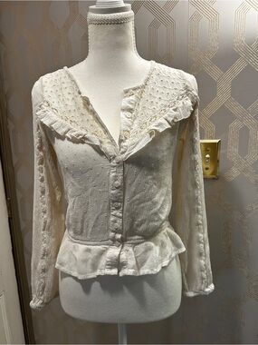 American Eagle Outfitters Cream Ruffle-Trim Button Front Blouse